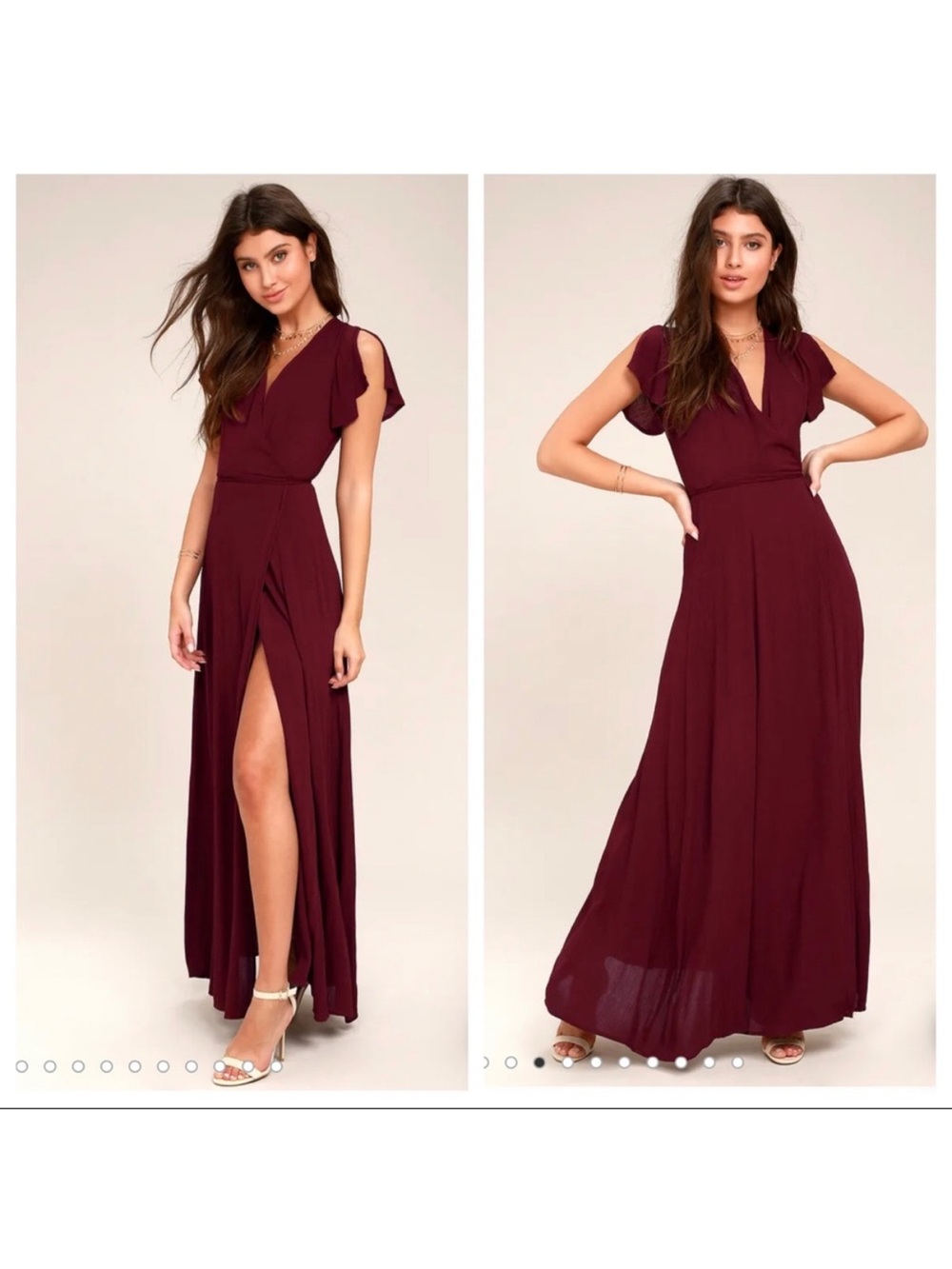 Lulu’s Elegant V-Neck Burgundy Maxi Dress with Flutter Sleeves